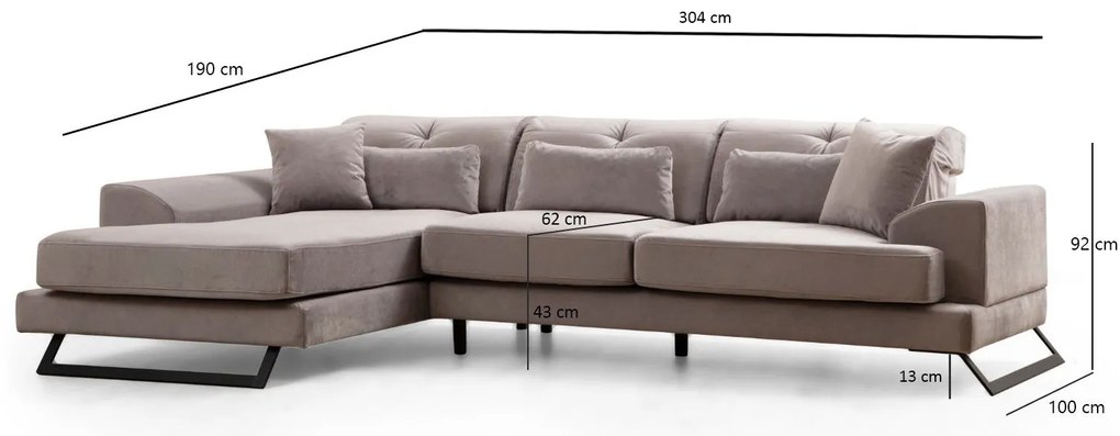 Sofá de Canto Frido – Cinzento Claro – 304 cm x 190 cm