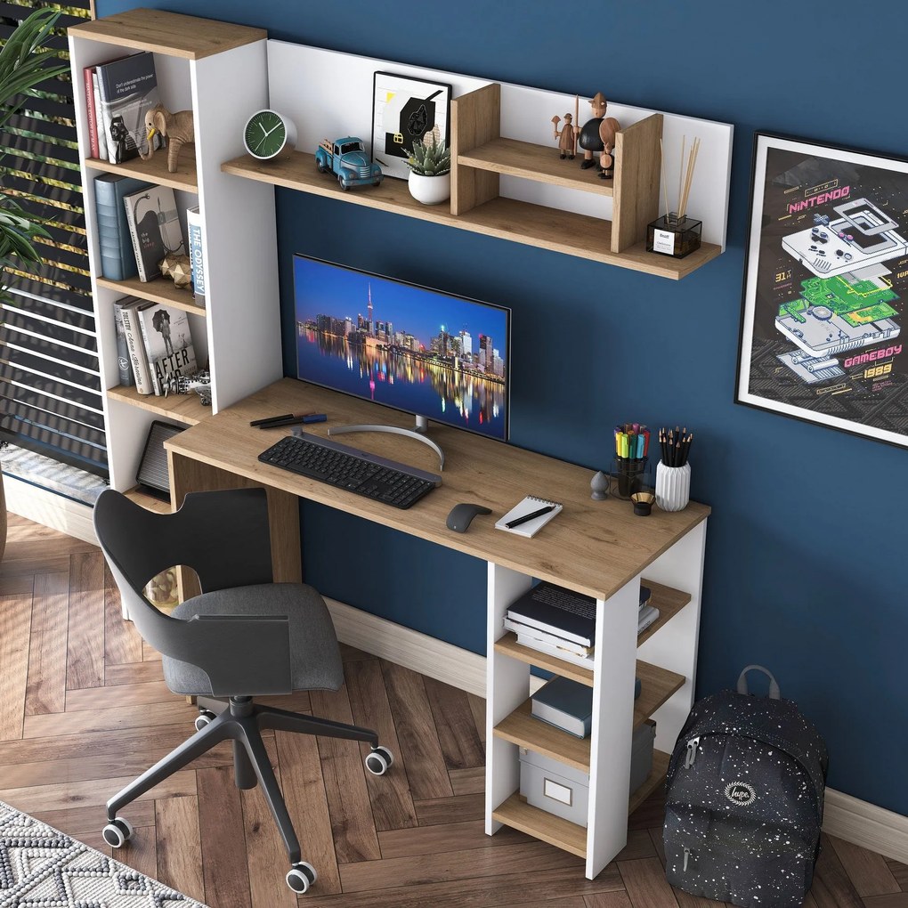 Secretária "Steven" E-1 com Prateleiras e Estante - 120 x 161.8 x 50 c