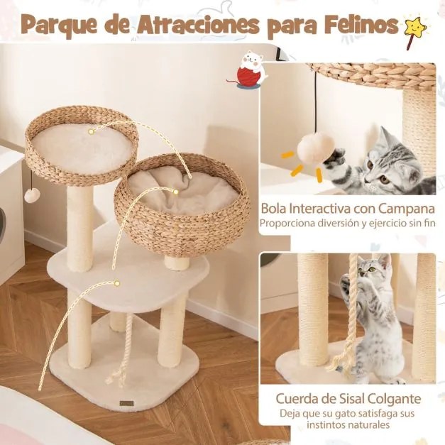 Arranhador para gatos com poleiros 45 x 45 x 104 cm, camas em forma de cesta, bola pendurada, corda e paus para arranhar  Branco