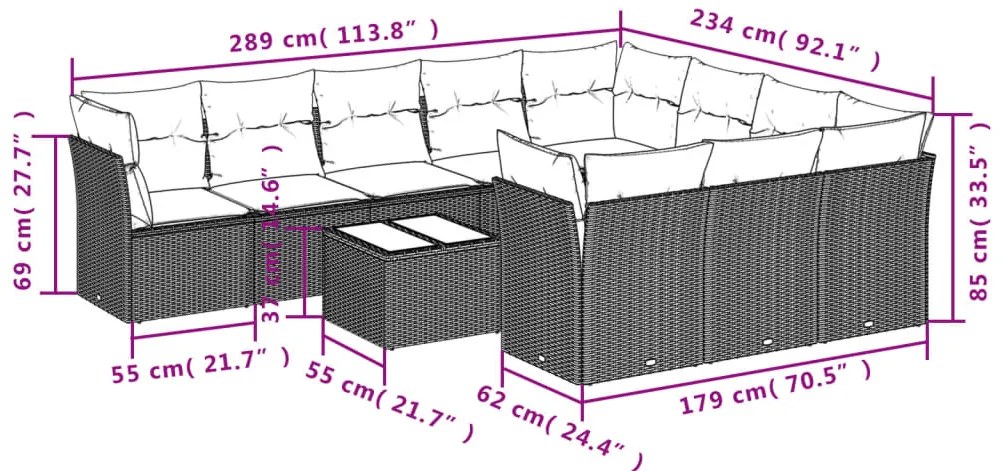 11 pcs conjunto sofás de jardim c/ almofadões vime PE bege