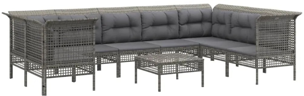 9 pcs conjunto lounge de jardim c/ almofadões vime PE cinzento