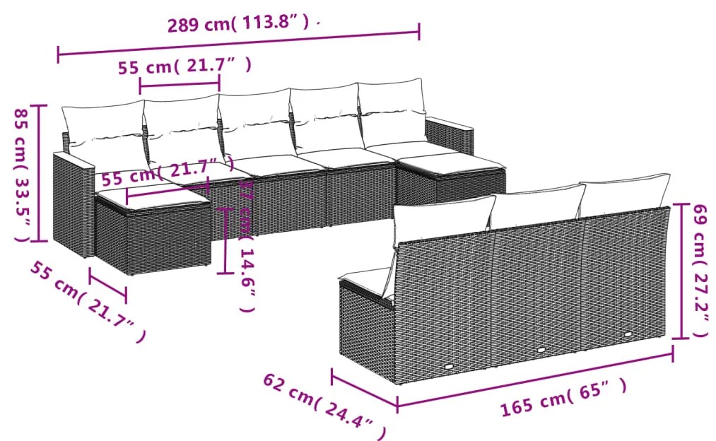 10 pcs conjunto sofás de jardim c/ almofadões vime PE preto