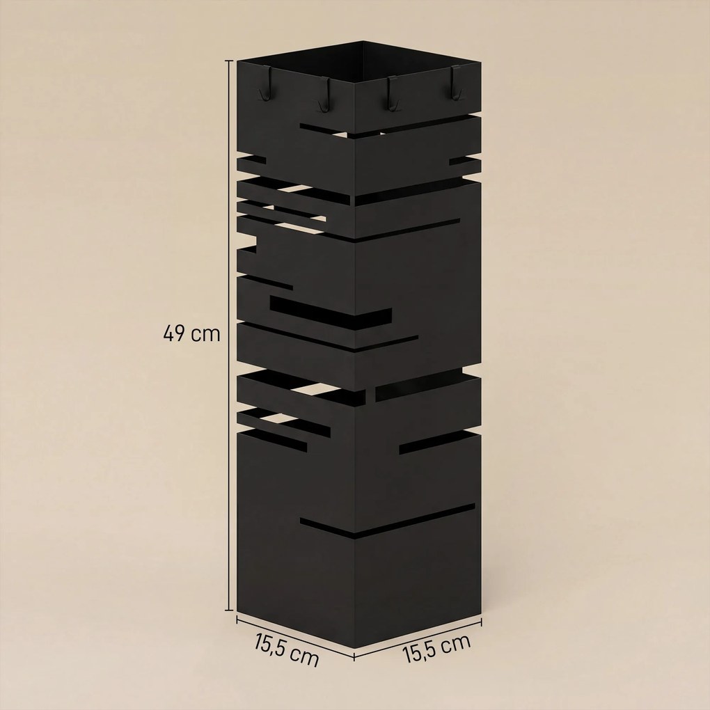 Suporte para Guarda Chuva Metálico com 4 Ganchos e Bandeja de Recolha de Gotas Removível  15,5x15,5x49 cm Preto