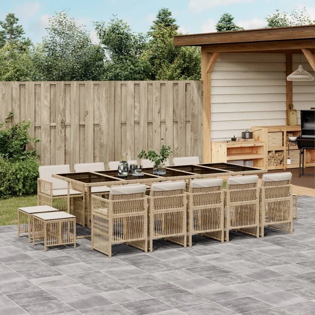 vidaXL 15 pcs conjunto de jantar p/ jardim com almofadões vime PE bege