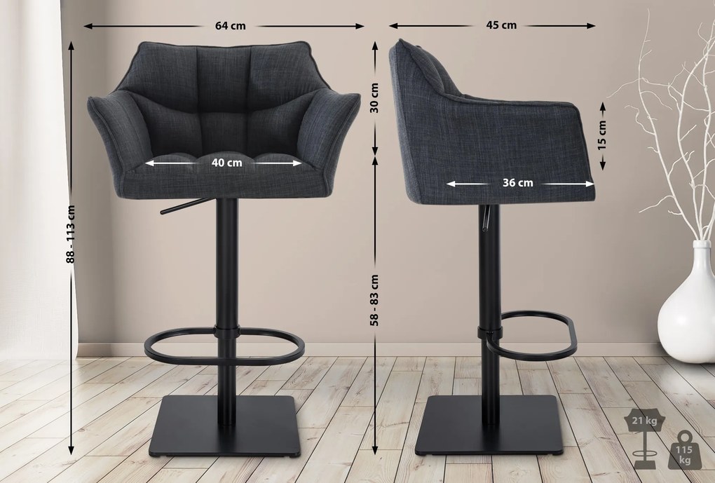 Banco de bar Damaso em tecido e com estrutura preta 64 x 88-113 x 45 cm Cinzento escuro