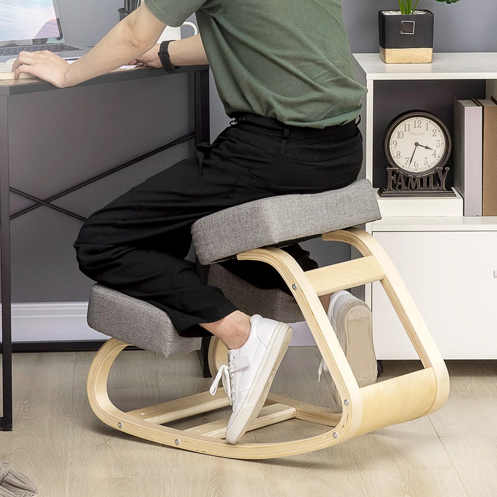 Cadeira Ergonómica para Joelhos com Almofadas e Estrutura em Madeira, Cinzento