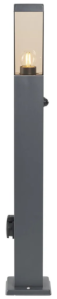 Candeeiro de exterior cinzento escuro com vidro fumado 80cm IP44 com tomada e sensor de movimento - Malios Moderno