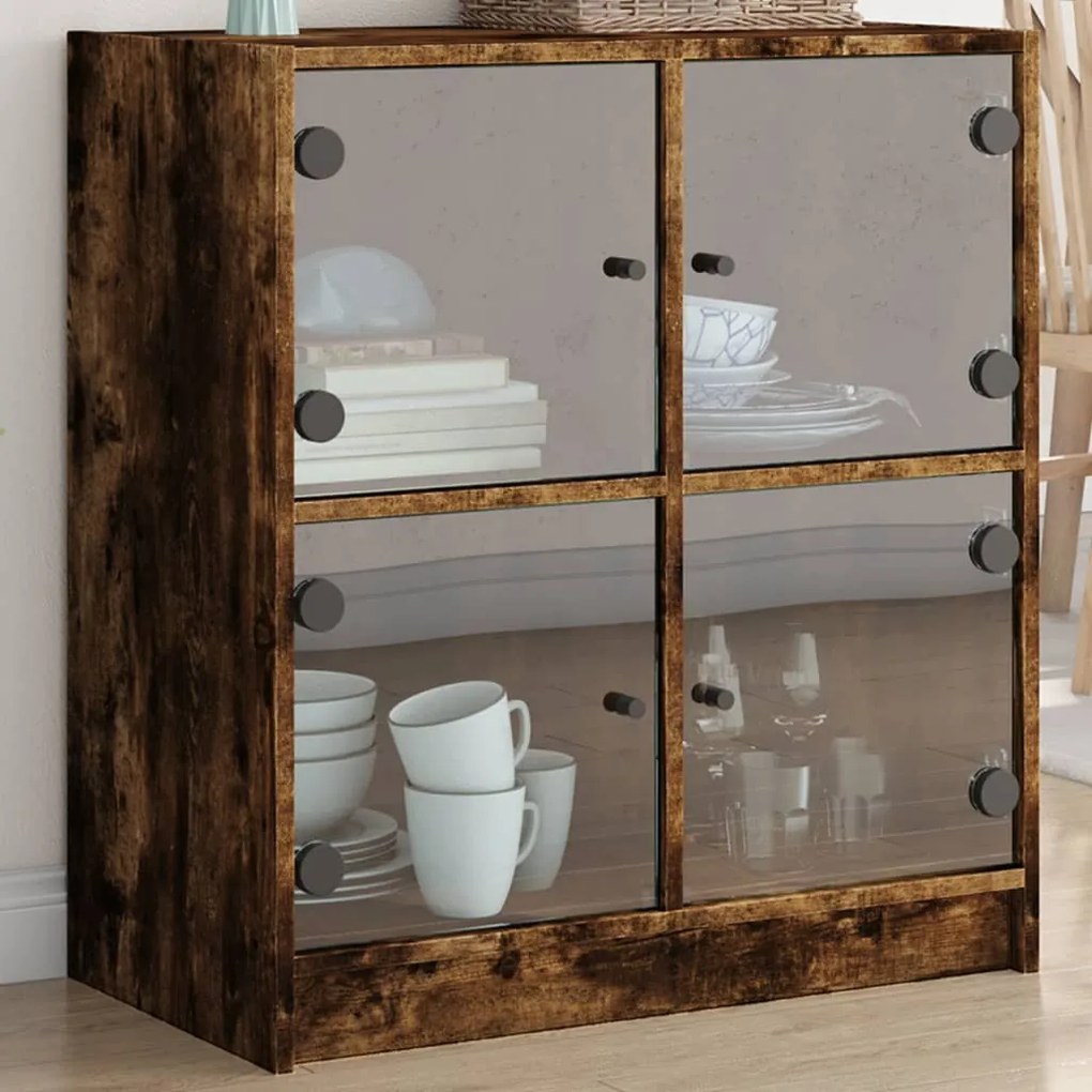 vidaXL Armário de apoio c/ portas vidro 68x37x75,5 cm carvalho fumado