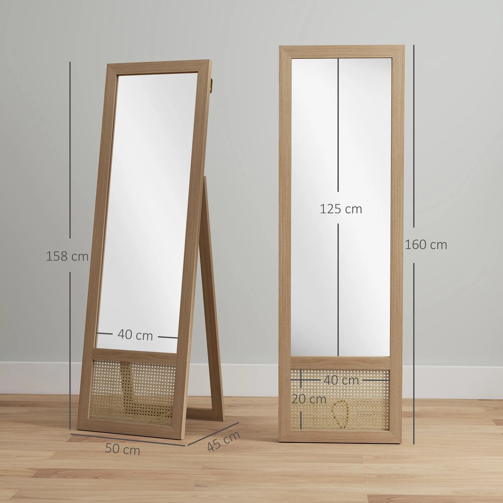 Espelho de Corpo Inteiro 160x50 cm Espelho de Pé ou de Parede com Moldura de Madeira e Suporte Madeira