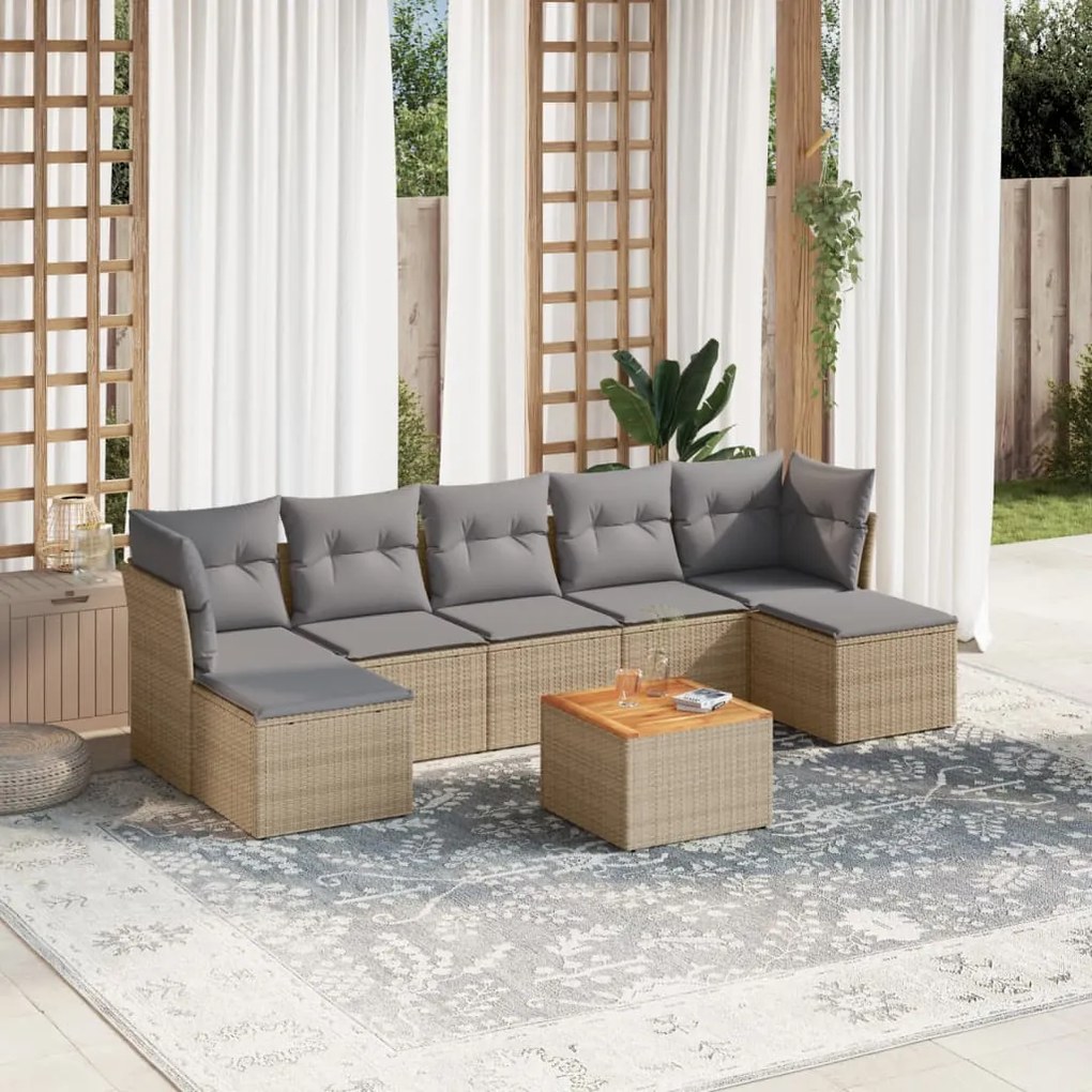 8 pcs conj. sofás jardim c/ almofadões vime PE bege misturado
