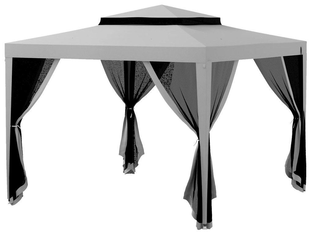 Pérgola de Jardim 297x297x268 cm Pérgola com 4 Redes Mosquiteiras Laterais e 8 Orifícios de Drenagem  Cinza