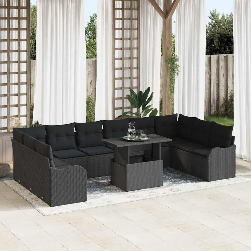 vidaXL Conjunto de Sofá de Jardim com 11 Peças e Almofadas Pretas em Rattan Sintético