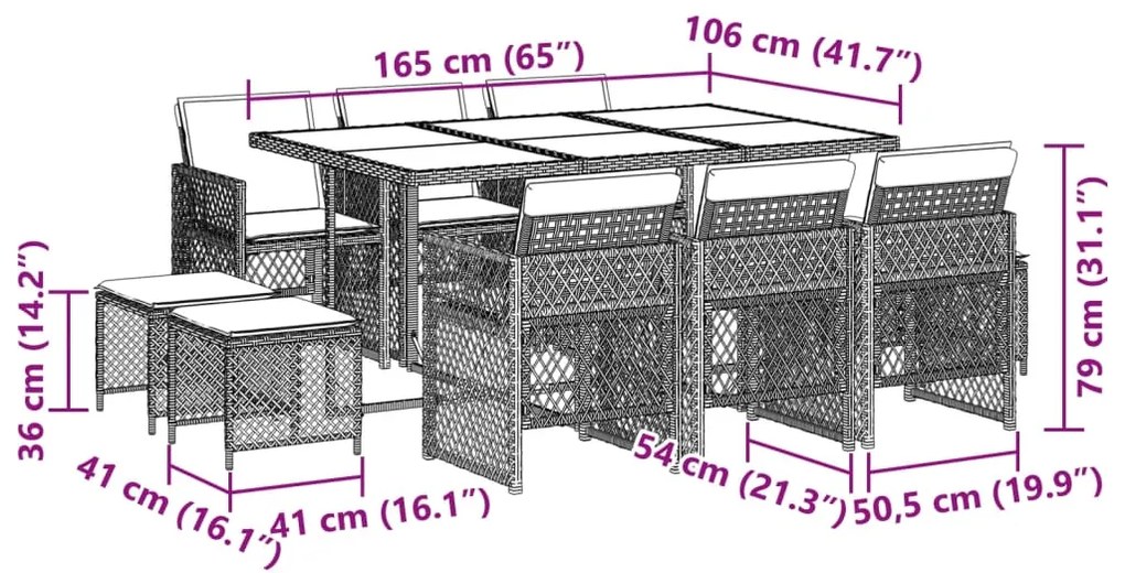 11 pcs conjunto jantar p/ jardim c/ almofadões vime PE cinzento