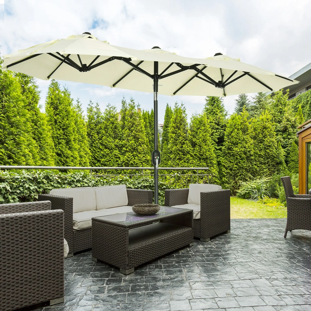 Outsunny Chapéu de Sol Duplo 285x147x227cm Chapéu de Sol de Jardim com Inclinação de 45° Manivela Estrutura de Aço para Pátio Varanda Piscina Bege