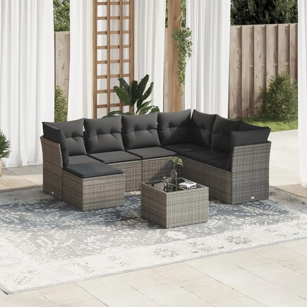 8 pcs conjunto sofás de jardim c/ almofadões vime PE cinzento