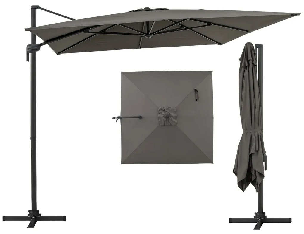 Guarda-sol suspenso para jardim, quadrado, com rotação de 360°, inclinação ajustável, base cruzada e 8 varas para pátio ou piscina Cinzento
