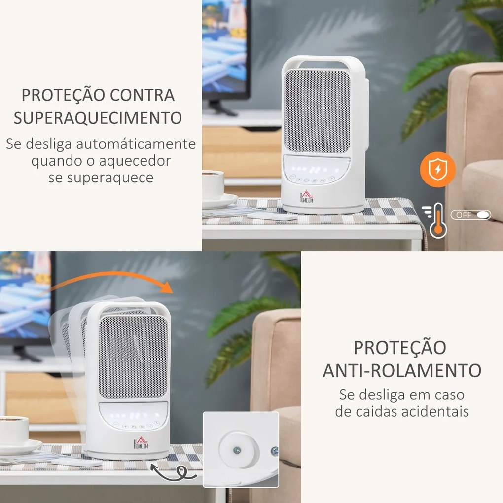 Aquecedor Cerâmico Portátil 2 Níveis de Potência 1000W/2000W com Controle Remoto Temporizador de 12h 3 Modos de Aquecimento e Oscilação de 45° Silenci