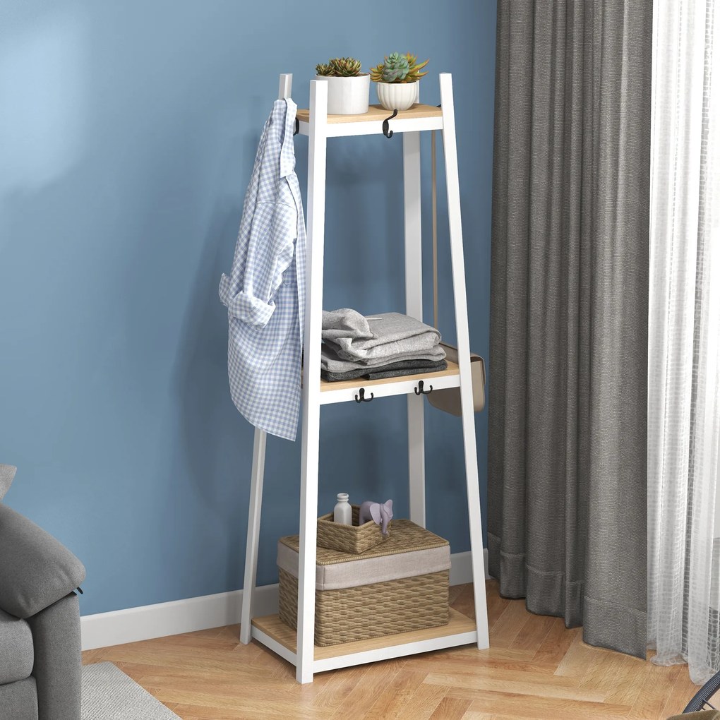 Suporte para Cabides de 3 Níveis Suporte para Cabides com 6 Ganchos e Prateleiras para Entrada Corredor 61x41x165 cm Natural
