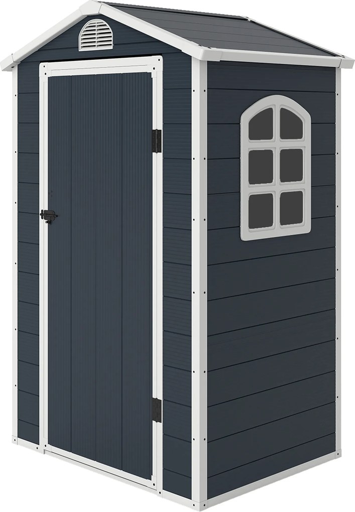 Outsunny Abrigo para Ferramentas 1,1 m², Galpão de Jardim com Telhado a duas águas, 134 x 104 x 204 cm, Casinha de Jardim em Plástico com Porta Trancável, Abertura de Ventilação e Janela, Jardim Cinza Escuro | Aosom Portugal