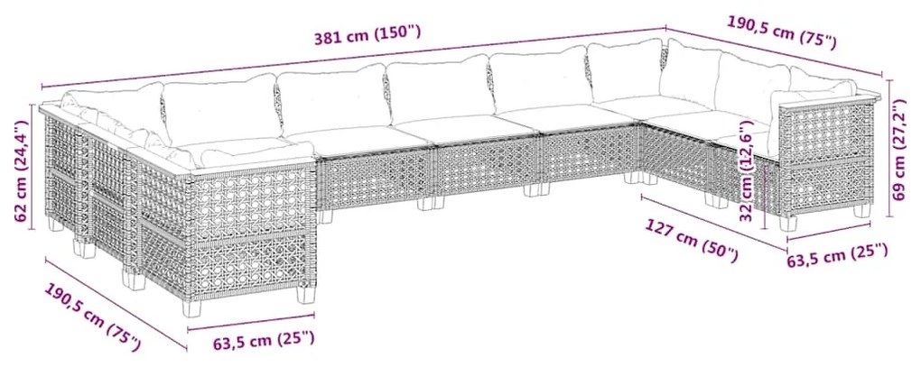 10 pcs conjunto de sofás p/ jardim com almofadões vime PE bege