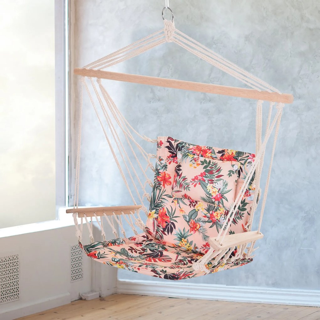 Cadeira suspensa Rede com estampa floral com almofada apoio de cabeça 100x106 cm máx. 105 kg