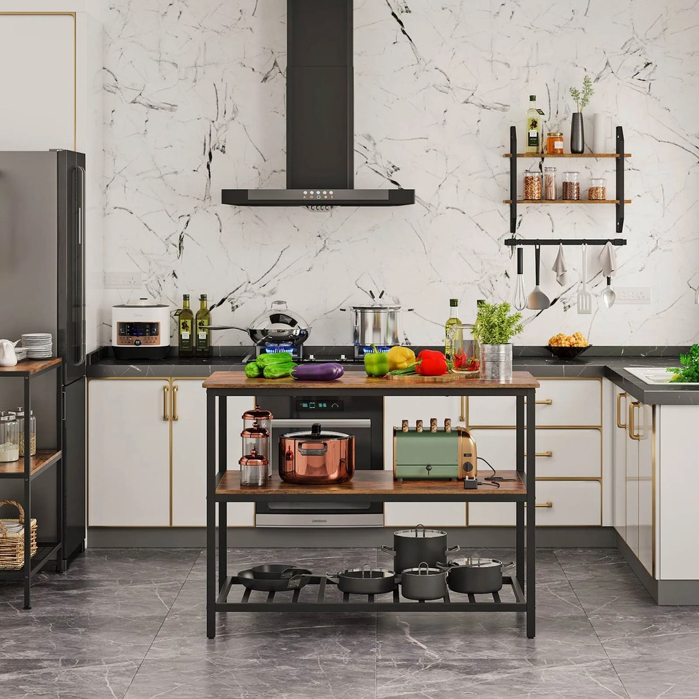 Ilha de cozinha com 3 prateleiras 120 x 60 x 90 cm castanho Vintage-preto