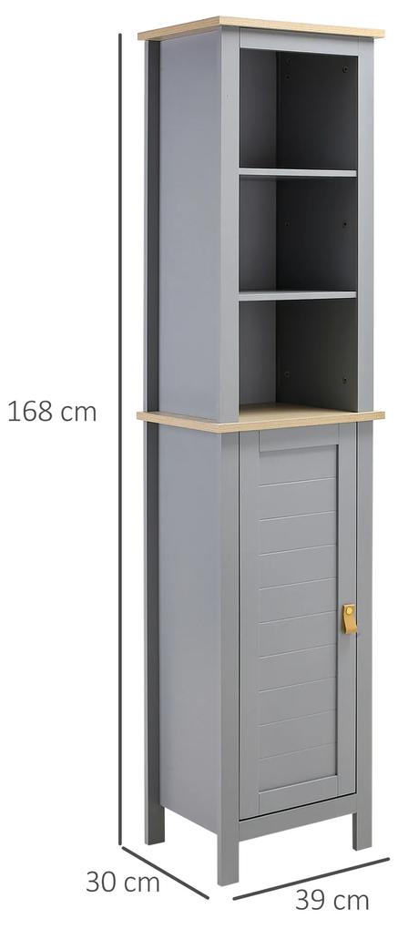 Armário de banheiro alto móvel de coluna estreita com 1 porta de prateleira ajustável e 3 compartimentos abertos 39x30x168 cm Cinza