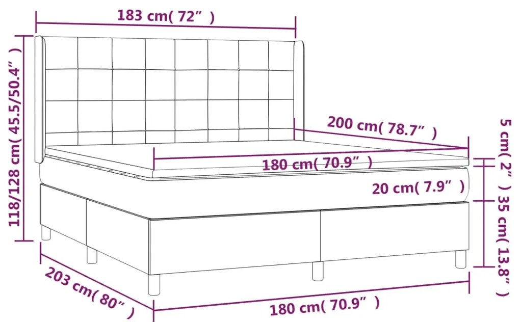 Cama box spring c/ colchão/LED 180x200 cm veludo cinzento-claro