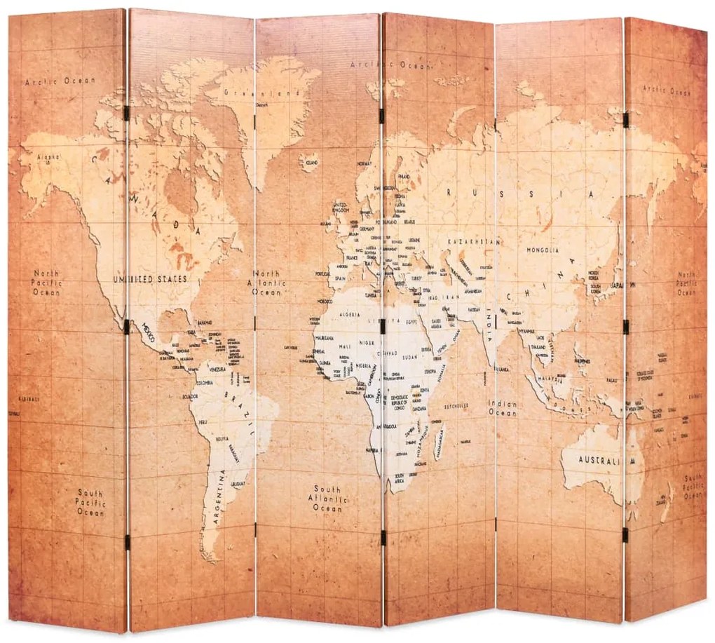 Biombo dobrável mapa mundo 228x170 cm amarelo