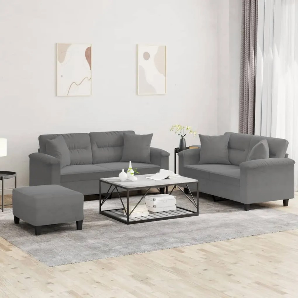 vidaXL 3 pcs conjunto sofás c/ almofadas microfibra cinza-escuro
