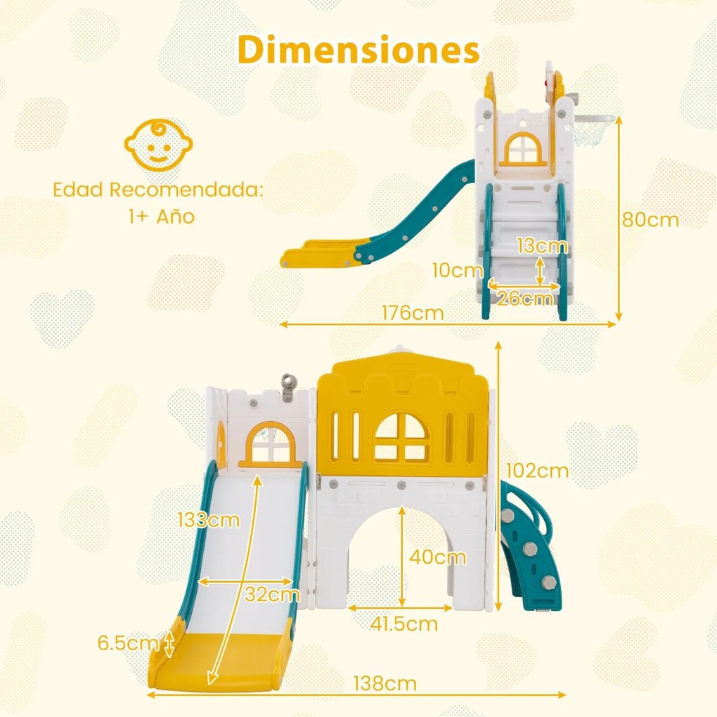 Escorrega infantil 9 em 1 com cesto de basquetebol, telescópio, ponte suspensa e túnel para 1+ anos 176 x 138 x 80 cm amarelo
