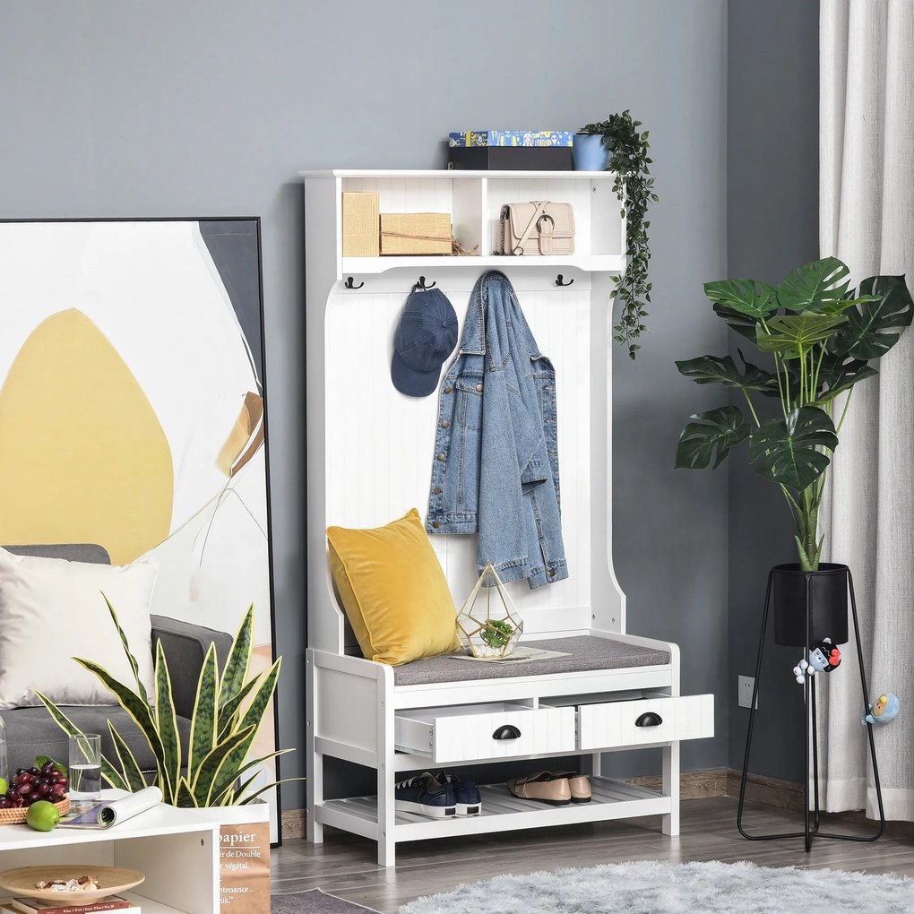 HOMCOM Cabide Sapateira com banco 4 ganchos 2 compartimentos abertos 2 gavetas removíveis e prateleira inferior moderna para corredor entrada 87x42x172 cm Branco