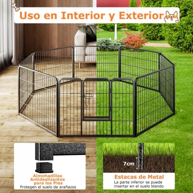 Parque para cães com 8 painéis Altura 80 cm Interior/Exterior Parque de metal resistente para animais de estimação Animais médios Preto