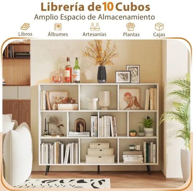 Estante de 3 níveis com 10 cubos, 4 pés de metal e dispositivo anti-capotamento para sala de estar ou escritório 100 x 24 x 107 cm branco