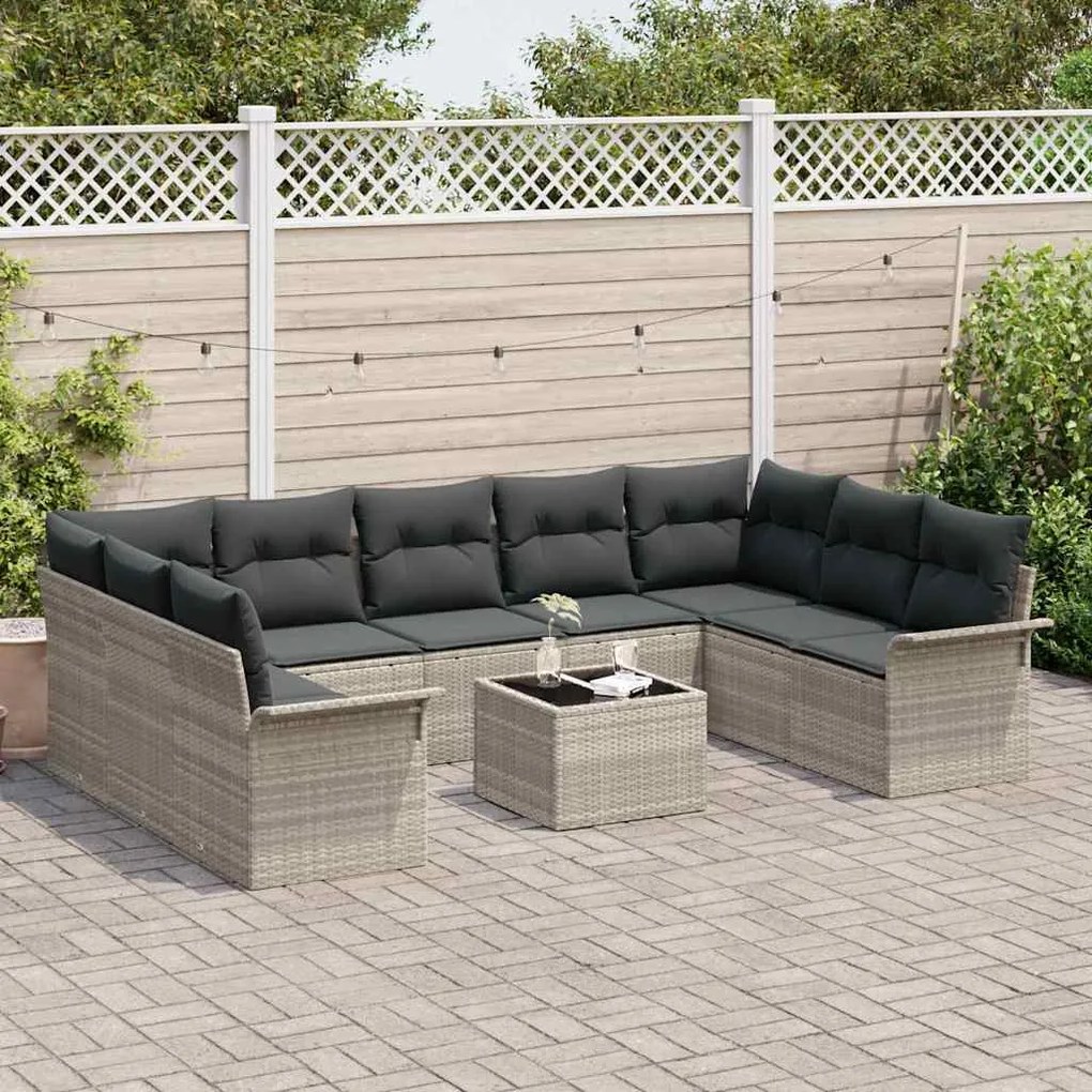 Conjunto de sofá de jardim de 10 peças com almofadas cinzas em poly ra