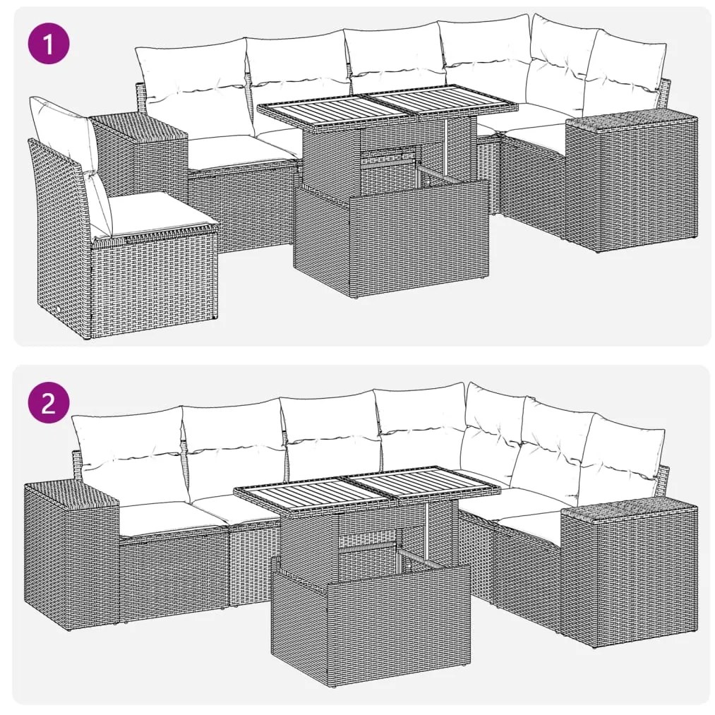 7 pcs conjunto de sofás p/ jardim c/ almofadões vime PE preto