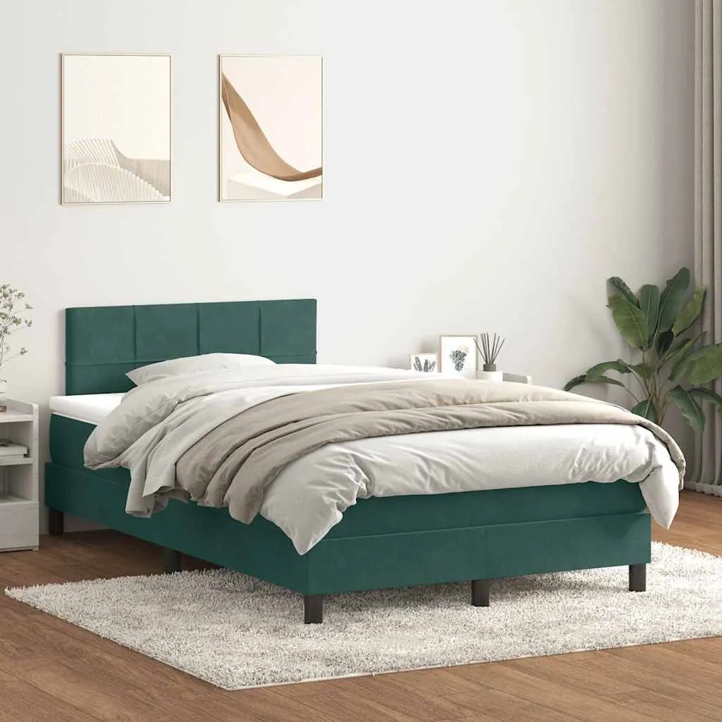 Cama boxspring com colchão 120x210 cm veludo verde-escuro