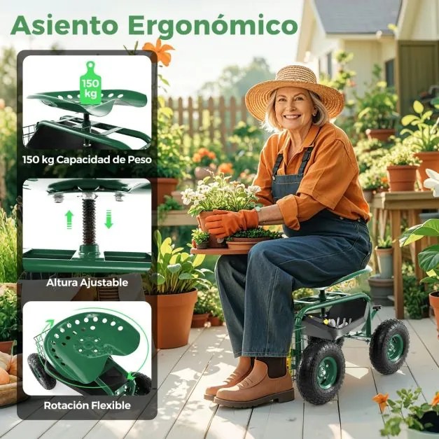 Banco para jardinagem 55,2 x 43 x 31 cm com rodas e alça extensível Assento ajustável 2 bandejas para ferramentas e 4 rodas de borracha Verde