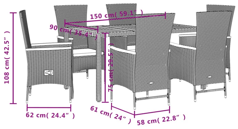 7 pcs conjunto de jantar p/ jardim c/ almofadões vime PE preto