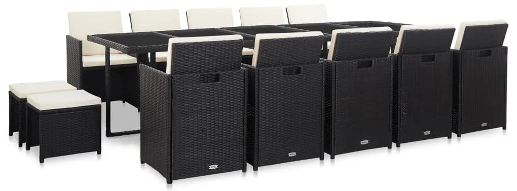 15 pcs conjunto jantar exterior com almofadões vime PE preto