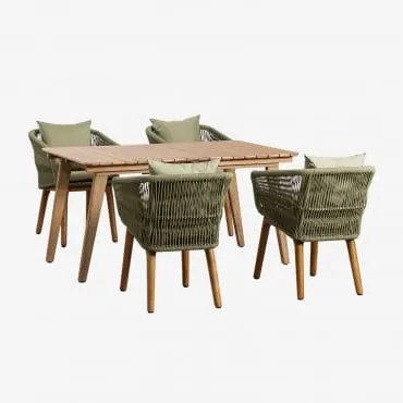 Conjunto De Mesa Extensível De Madeira (150-200x90 Cm) Naele E 4 Cadeiras De Jantar Barker Verde Bambu - Sklum