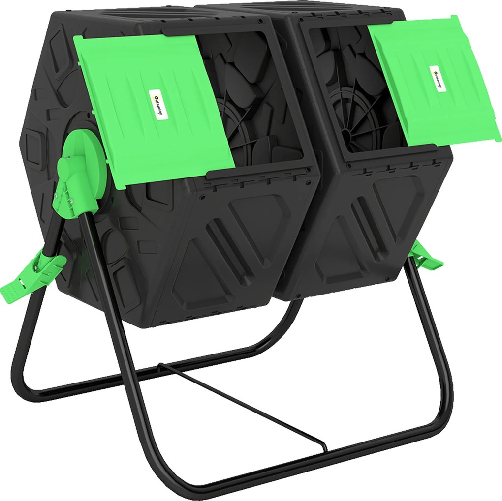 Compostor Giratório de 130L Recipiente de Compostagem de Jardim de Dupla Câmara com Aberturas de Ventilação 67x60x77 cm Preto e Verde