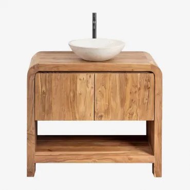 Conjunto De Móvel De Casa De Banho Em Madeira Vacry Castanho Acácia & Cimento Redondo Branco Ø40 Cm Zavion & Sem Espelho & - Sklum