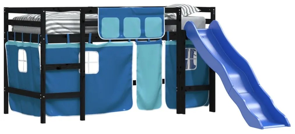 Cama alta p/ criança c/ cortinas 80x200 cm pinho maciço azul