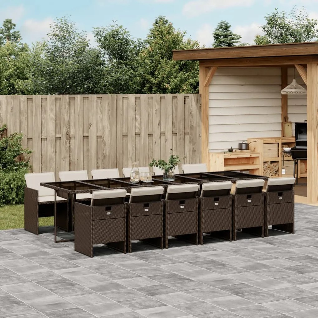13 pcs conjunto jantar p/ jardim c/ almofadões vime PE castanho