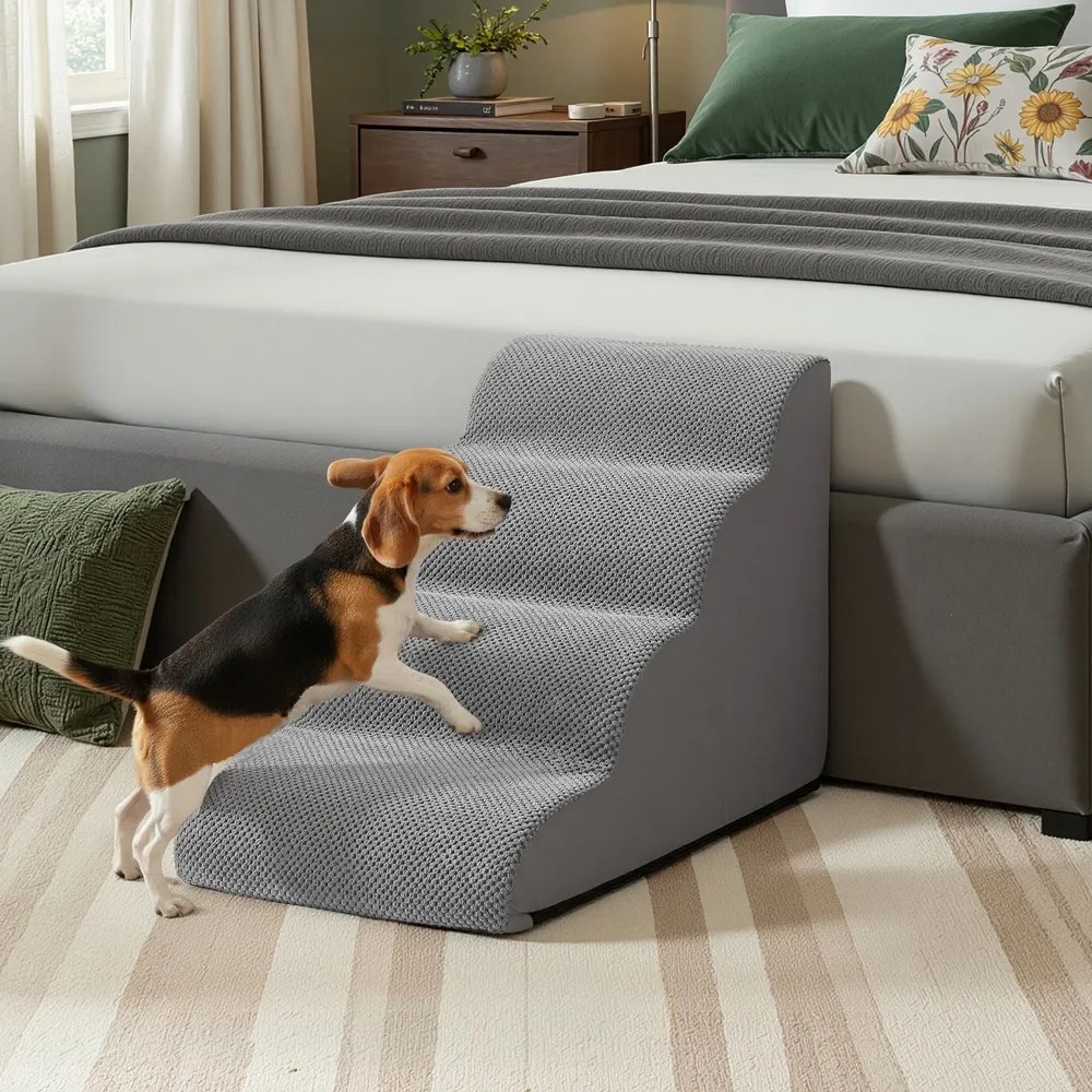 Escada para cães, 4 degraus 72 x 40 x 50 cm Escada para animais de estimação, tecido tipo waffle cinza ardósia