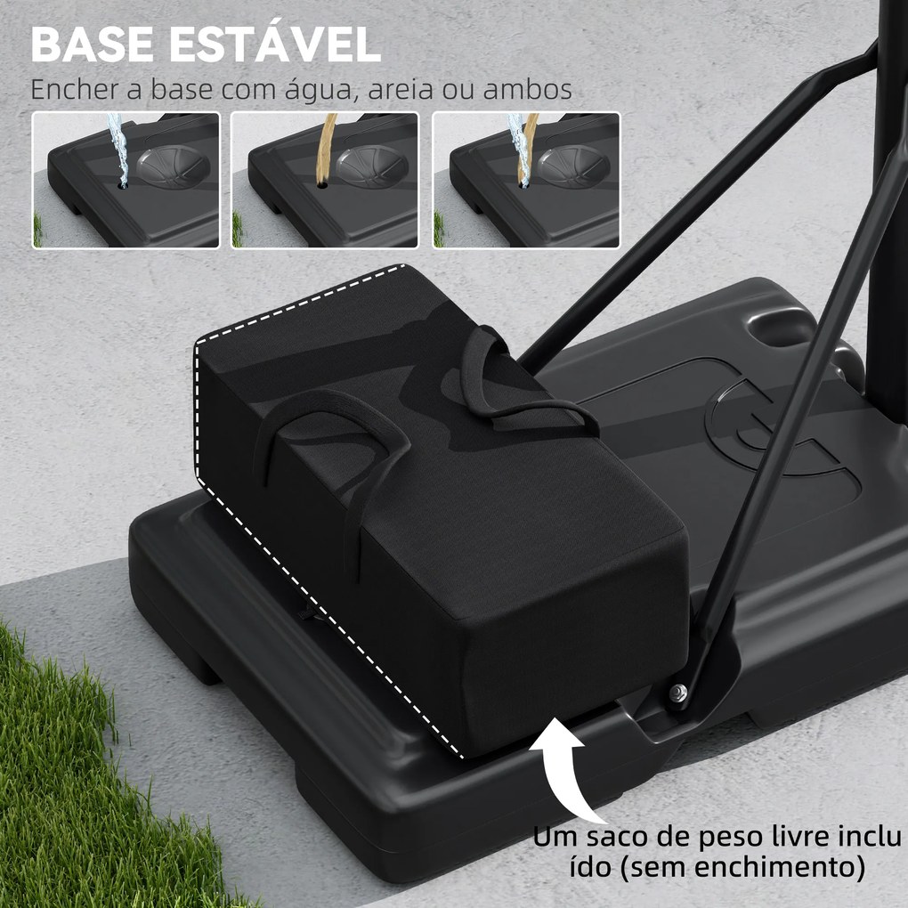 Cesto de Basquetebol de Exterior com Altura Ajustável Suporte Rodas Base Recarregável e Bolsa de Peso 90x60x305 cm Preto