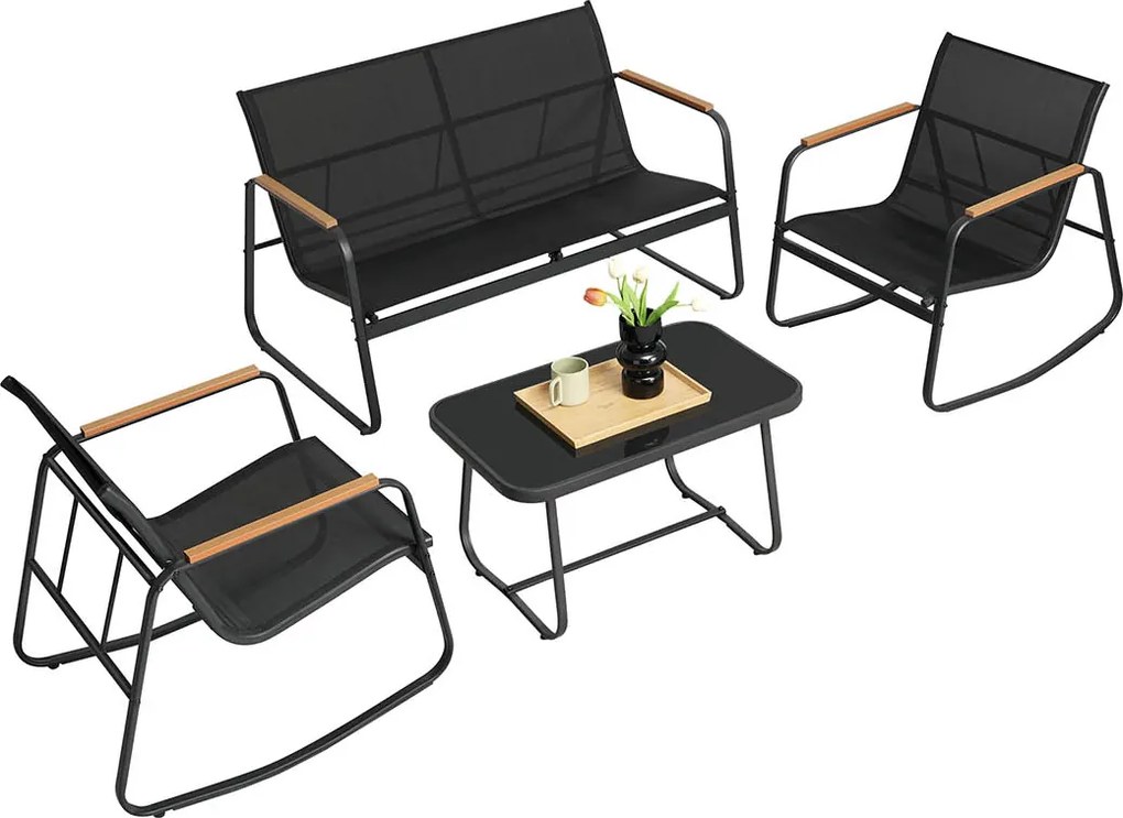 Conjunto de jardim baloiço com banco de jardim e 2 cadeiras de baloiço com mesa Preto