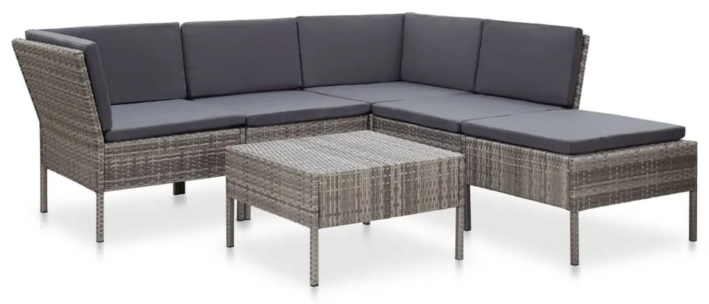 6 pcs conjunto lounge de jardim c/ almofadões vime PE cinzento