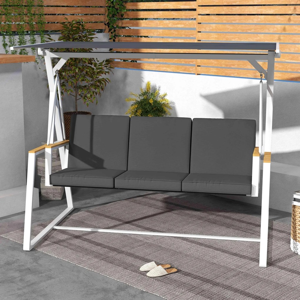 Baloiço de jardim de 3 lugares 205 L x 130 L x 175 A cm com teto de inclinação ajustável e colchão incluído cinzento